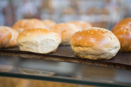 Close up of tray with breads at the bakeryの写真素材