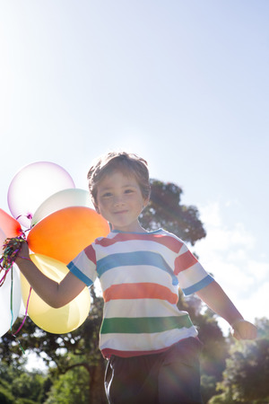 Happy little boy holding balloons on a sunny dayの写真素材