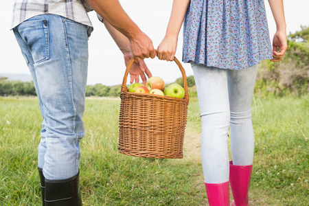 Couple holding basket full of apples on a sunny dayの写真素材