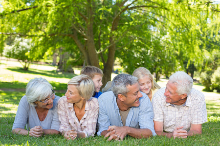 Happy family talking in the park on a sunny day