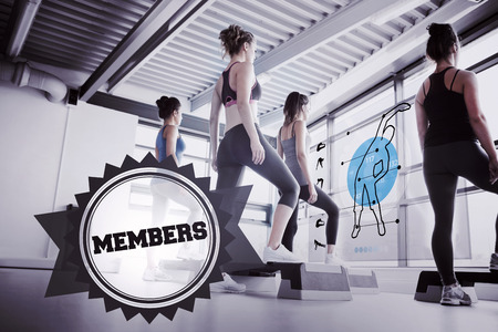 The word members and rear view of women doing exercise with blue futuristic interface against badge