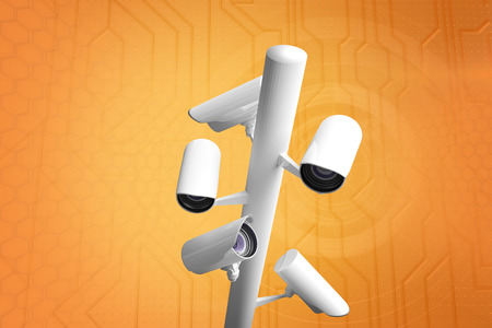 CCTV camera against circuit board on futuristic background
