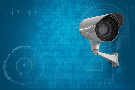 CCTV camera against shiny blue binary code on black background