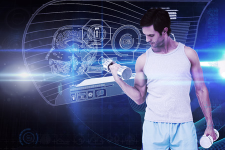 Fit young man exercising with dumbbells against futuristic glowing black backgroundの写真素材