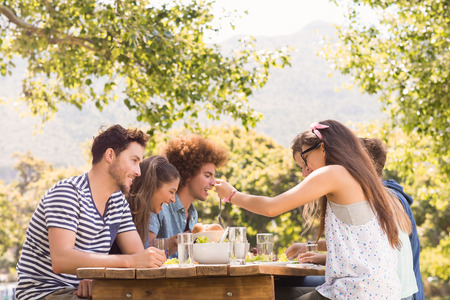Happy friends in the park having lunch on a sunny dayの写真素材