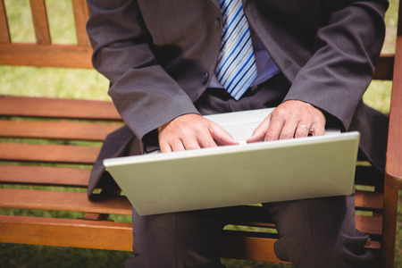 Businessman using laptop in the park on a sunny dayの写真素材
