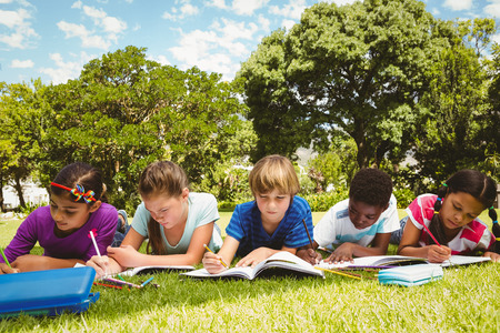 Portrait of children doing homework at the parkの写真素材