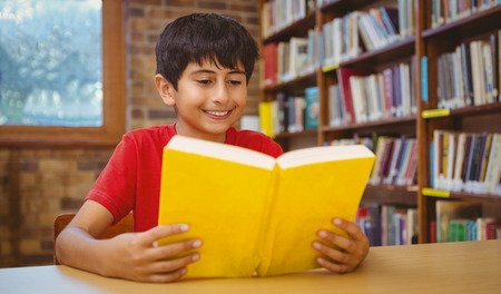 Cute little boy reading book in the libraryの写真素材