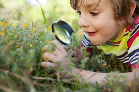 Happy little boy looking through magnifying glass on a sunny day Happy little boy looking through magnifying glass on a sunny day