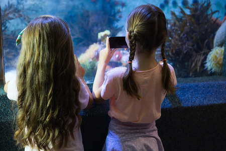 Cute girls looking at fish tank at the aquariumの写真素材