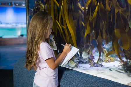 Cute girl looking at fish tank at the aquariumの写真素材