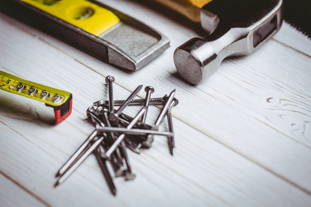 DIY tools laid out on table shot in studioの写真素材