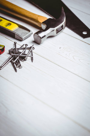 DIY tools laid out on table shot in studioの写真素材