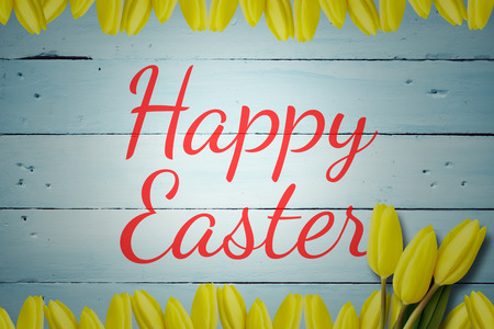 Yellow tulips against happy easterの写真素材