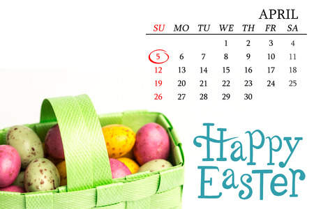 red circle against speckled colourful easter eggs in a green basket