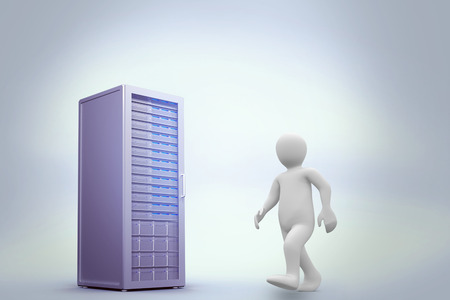 White character walking against digitally generated grey server towerの写真素材