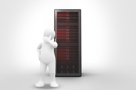 White character thinking against server towerの写真素材