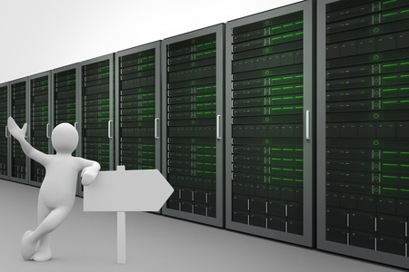 White character leaning on signpost against server towersの写真素材