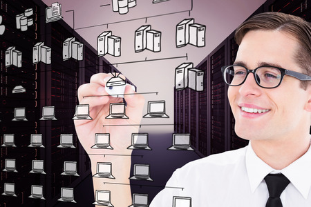 Geeky businessman writing with marker against cloud computing doodleの写真素材