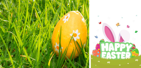 happy easter graphic against orange easter egg in the grass