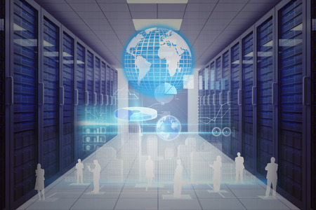 Silver earth against server room with towers