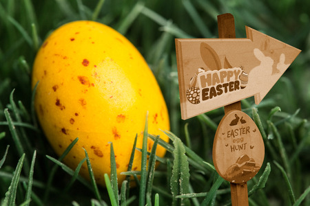 Easter egg hunt sign against yellow speckled easter eggの写真素材