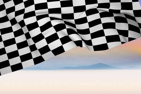 Checkered flag against serene landscapeの写真素材