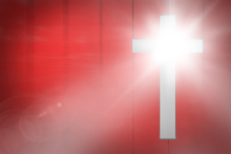 Lens flare against red wooden planksの写真素材