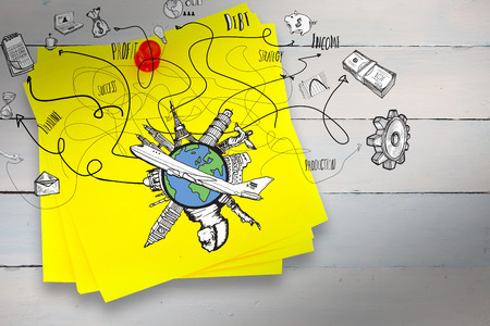 Business and global travel doodles against sticky note with red pushpinの写真素材