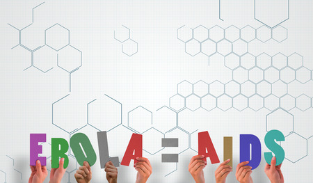 Hands holding up ebola equals aids against chemical structure in grey and whiteの写真素材