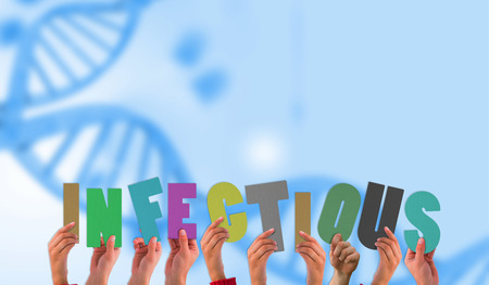 Hands holding up infectious against medical background with blue dna helix