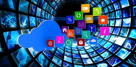 Cloud with apps against vortex of digital screens in blueの写真素材