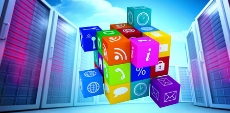 App cube against bright blue sky with clouds