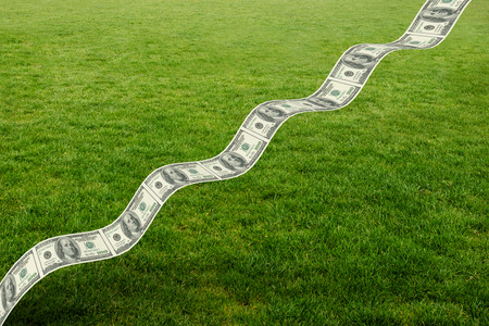 Bumpy dollar road against green fieldの写真素材