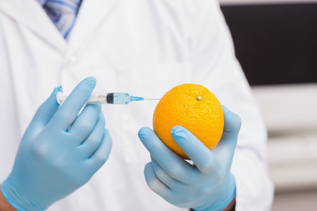 Scientist holding orange and injecting fluid with syringe in laboratoryの写真素材
