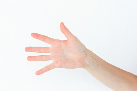 Woman showing her hand on white background