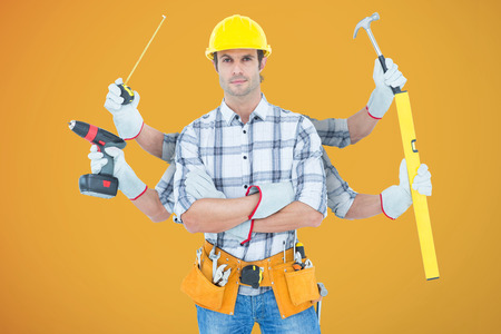 Carpenter with many arms against yellow