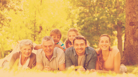 Portrait of an extended family lying on grass in the parkの写真素材