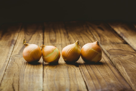 Fresh onions on wooden backgroundの写真素材