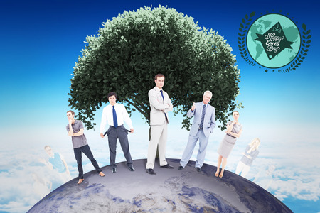 People standing on the world against blue sky over clouds at high altitudeの写真素材