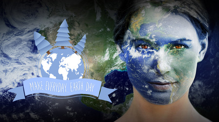 Earth day graphic against earth overlay on face