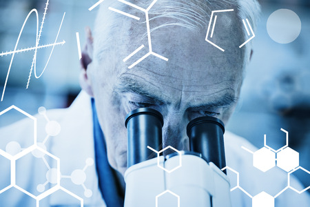 Science graphic against senior scientist working with microscope