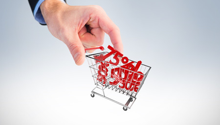 Businessman measuring something with these fingers against white background with vignetteの写真素材