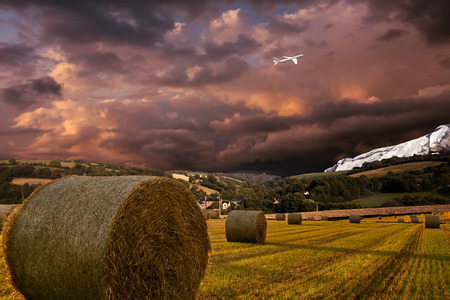 Graphic airplane against scenic backdrop