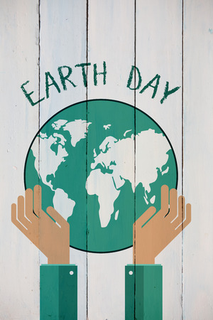 Earth day graphic against painted blue wooden planksの写真素材