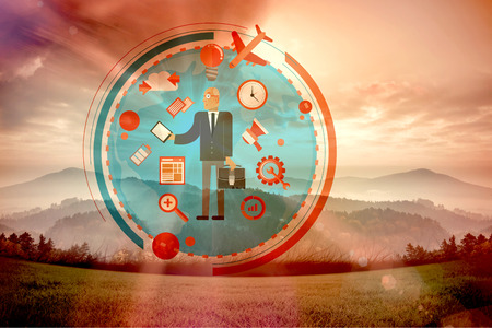 Businessman graphic against sun shining over mountainsの写真素材