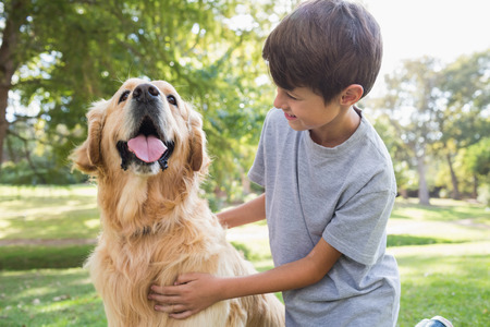 Little boy with his dog in the park on a sunny dayの写真素材