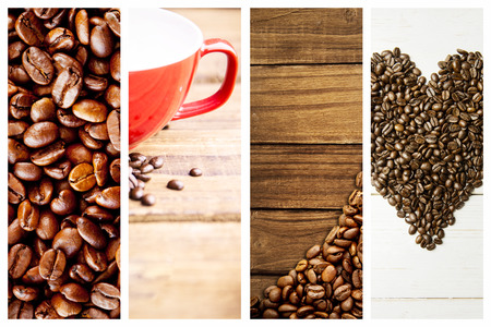 Close up of coffee seeds against coffee beans and mugの写真素材