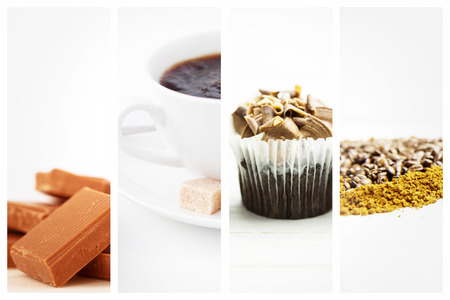 Chocolate pieces piled together against waffles sugar and a cup of coffee on white plateの写真素材