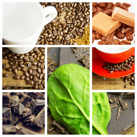 coffee beans and cup against chocolate and basilの写真素材
